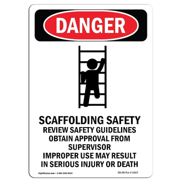 Safety Sign, OSHA Danger, 5" Height, Scaffolding Safety, Portrait, 10PK